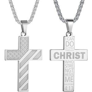 Silver American Flag Christ Cross Necklace Men Stainless Steel Box Chain 22 inch